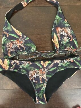Women's Tiger Print Halter Bikini Set - Navy & Green